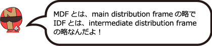 MDFとは、main distribution frameの略で、IDFとは、intermediate distributtion frameの略なんだよ!
