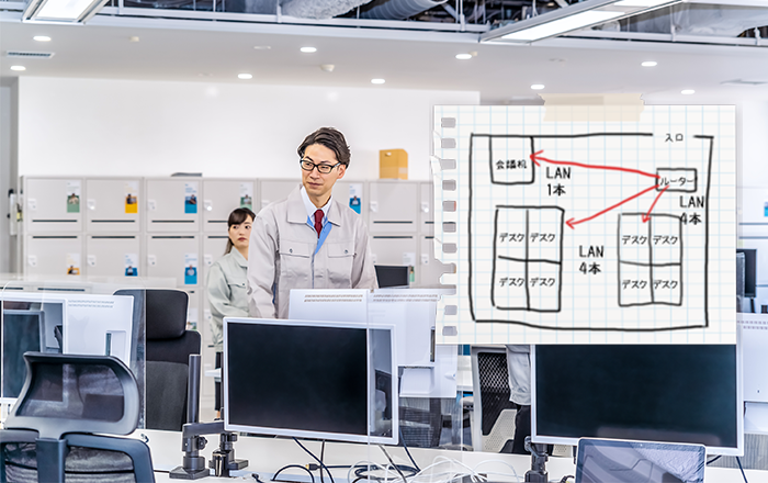 オフォスLANレイアウトのメモ書きとオフィスとＬAN工事作業員